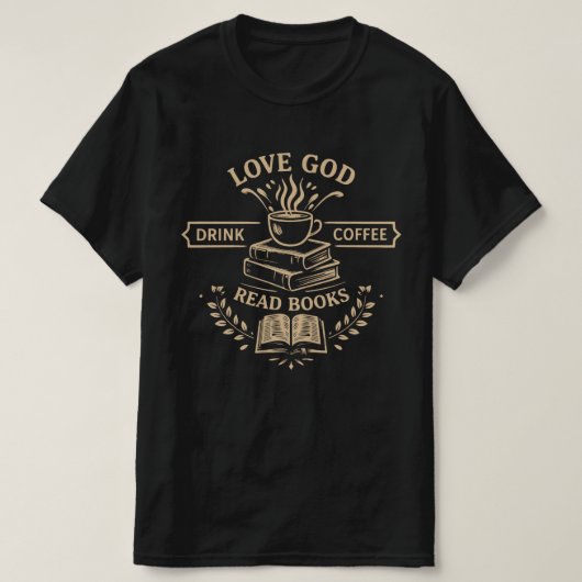 神を愛しコーヒーを飲み本を読む Tシャツ (デザイン正面)