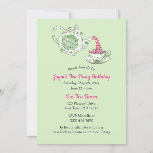 神を賛美するグリーンティーポットと聖書のティーパーティー 招待状 (正面)