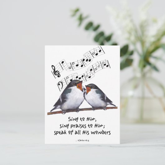 神を賛美せよ:二羽の鳥、音符、アート ポストカード (スタンド正面)