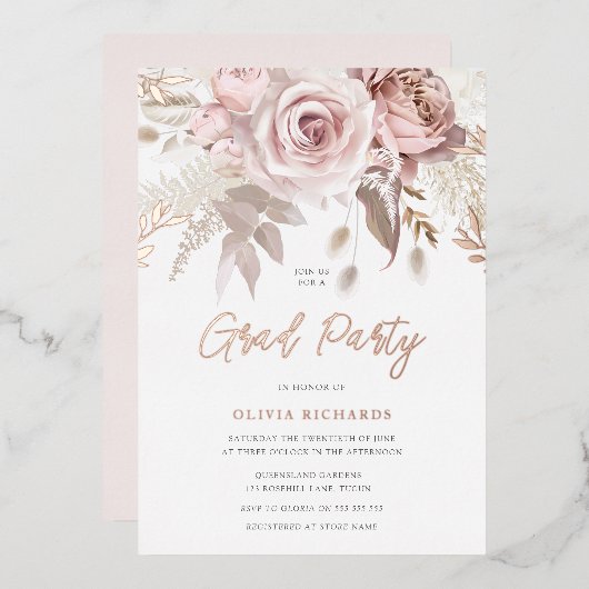 神バラ金ゴールド赤面フローラ卒業パーティー 箔招待状 (正面/裏面)