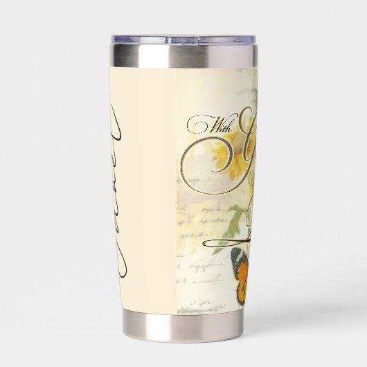 神ヒマワリと蝶と共パーソナライズされたに 保温保冷タンブラー (背面)