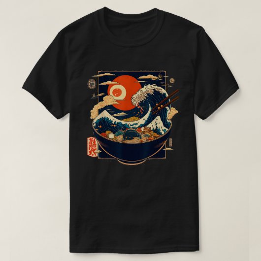 神奈川日本の波ラーメングラフィックレトロアニメ Tシャツ (デザイン正面)