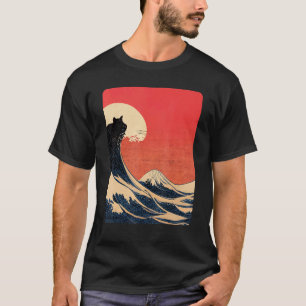 神奈川沖浪裏と猫の和風デザイン Tシャツ