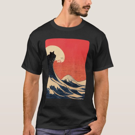 神奈川沖浪裏と猫の和風デザイン Tシャツ (正面)