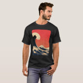 神奈川沖浪裏と猫の和風デザイン Tシャツ (正面フル)