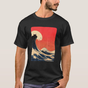 神奈川沖浪裏と猫の和風デザイン Tシャツ