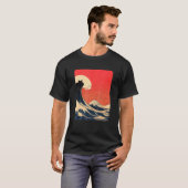 神奈川沖浪裏と猫の和風デザイン Tシャツ (正面フル)