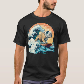 神奈川沖浪裏のサーフィンイングリッシュブルドッグ Tシャツ