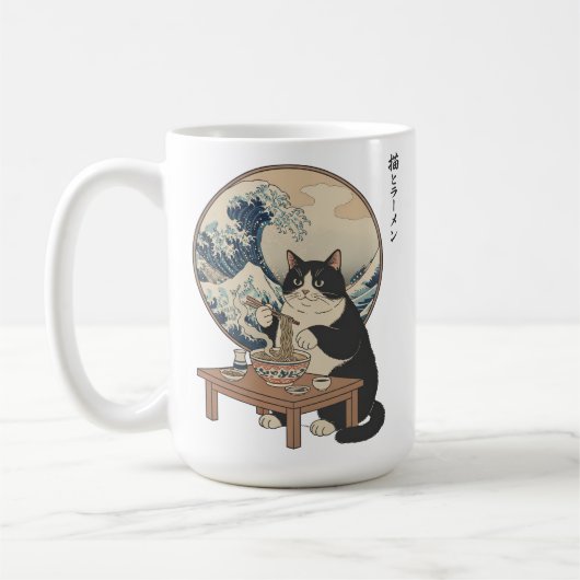 神奈川沖浪裏の猫ラーメン芸術パロディー コーヒーマグカップ (左)
