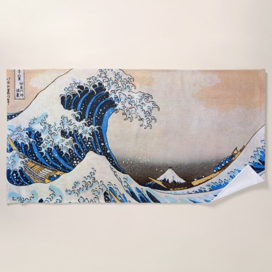 神奈川沖浪裏、北斎の素晴らしい波、Hokusai、Ukiyo-e ビーチタオル (正面)