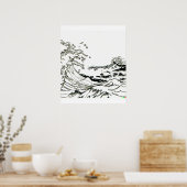 神奈川沖素晴らしの手書きスケッチ波 ポスター (キッチン)