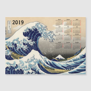 神奈川2019のカレンダーのマグネティック・カードを離れた大きい波