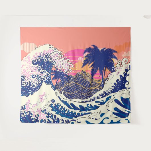 神奈素晴らし川とヤシの木の波 タペストリー (正面(横))