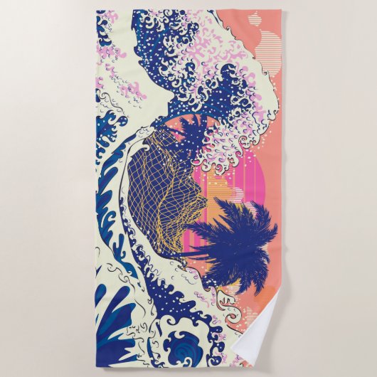 神奈素晴らし川とヤシの木の波 ビーチタオル (正面)