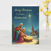 神学生のクリスマス降誕の教会風景 カード (黄色い花)
