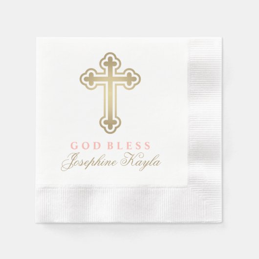 神恵みエレガント金ゴールドクロスバプティスガール赤面 縁ありカクテルナプキン (正面)
