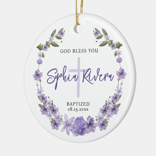 神恵み《キリスト教》洗礼式や命名式ガールパープルフラワーズ セラミックオーナメント (左)