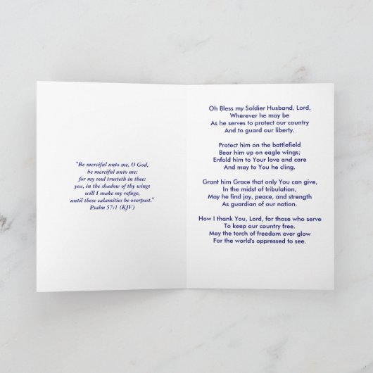 神様が私の兵士の夫を守ってくださる 感謝カード (内部)