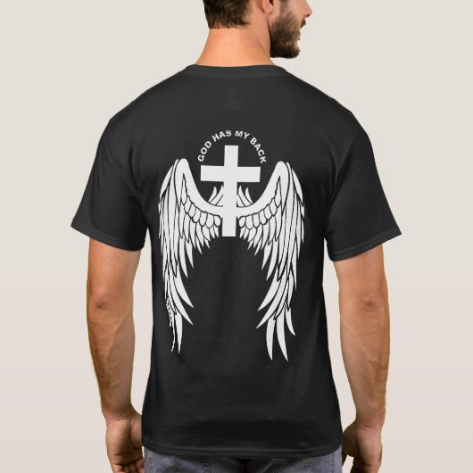 神様に背中の白い翼のTシャツがある Tシャツ (裏面)