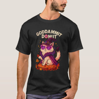 神様ドーナツ魔女様クール猫面白いハロウィン ペ Tシャツ