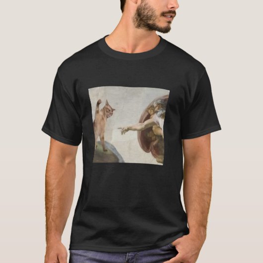 神様猫のミケランジェロによるアダムの創造パロディ Tシャツ (正面)