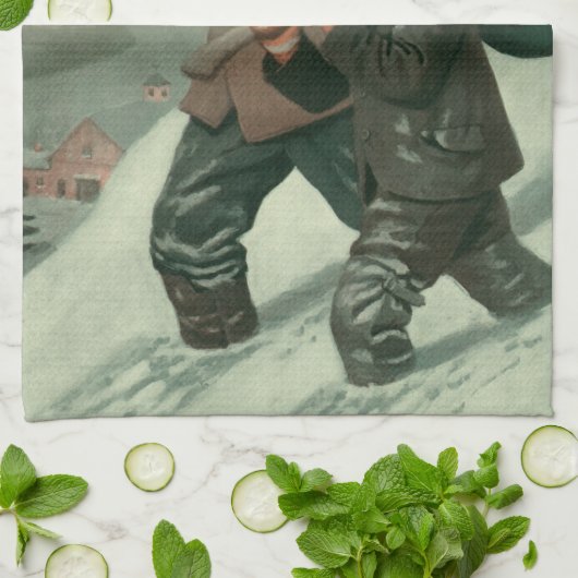 神父と息子が木を切り倒すヴィンテージクリスマス キッチンタオル (折り畳み)