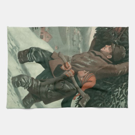 神父と息子が木を切り倒すヴィンテージクリスマス キッチンタオル (横)