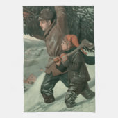 神父と息子が木を切り倒すヴィンテージクリスマス キッチンタオル (縦)