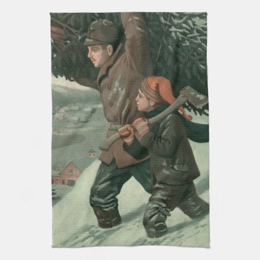 神父と息子が木を切り倒すヴィンテージクリスマス キッチンタオル (縦)