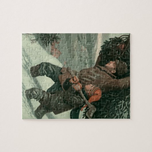 神父と息子が木を切り倒すヴィンテージクリスマス ジグソーパズル (横)