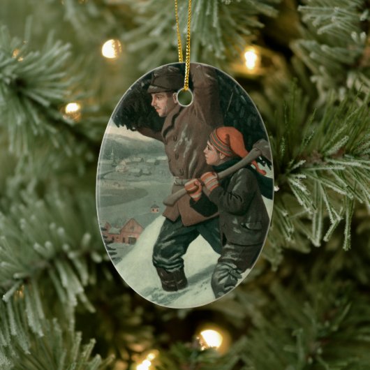 神父と息子が木を切り倒すヴィンテージクリスマス セラミックオーナメント (ツリー)