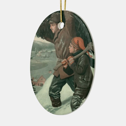 神父と息子が木を切り倒すヴィンテージクリスマス セラミックオーナメント (左)
