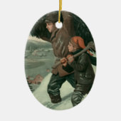 神父と息子が木を切り倒すヴィンテージクリスマス セラミックオーナメント (正面)