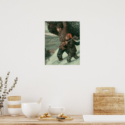 神父と息子が木を切り倒すヴィンテージクリスマス ポスター (キッチン)