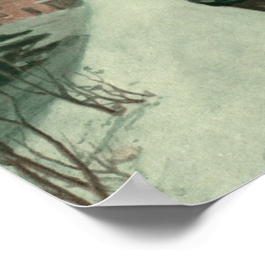 神父と息子が木を切り倒すヴィンテージクリスマス ポスター (角)