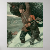 神父と息子が木を切り倒すヴィンテージクリスマス ポスター (正面)