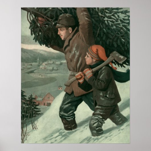 神父と息子が木を切り倒すヴィンテージクリスマス ポスター (正面)