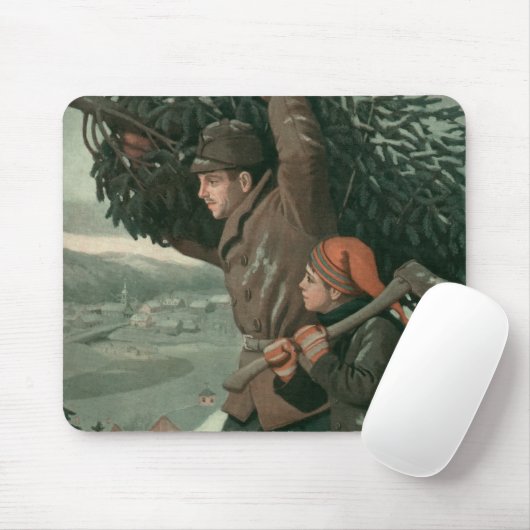 神父と息子が木を切り倒すヴィンテージクリスマス マウスパッド (マウス)