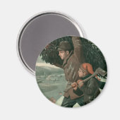 神父と息子が木を切り倒すヴィンテージクリスマス マグネット (正面/裏面)