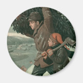 神父と息子が木を切り倒すヴィンテージクリスマス マグネット (正面)