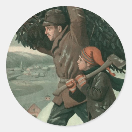 神父と息子が木を切り倒すヴィンテージクリスマス ラウンドシール (正面)