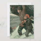 神父と息子が木を切り倒すヴィンテージクリスマス 招待状 (正面)