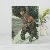 神父と息子が木を切り倒すヴィンテージクリスマス 招待状 (スタンド正面)