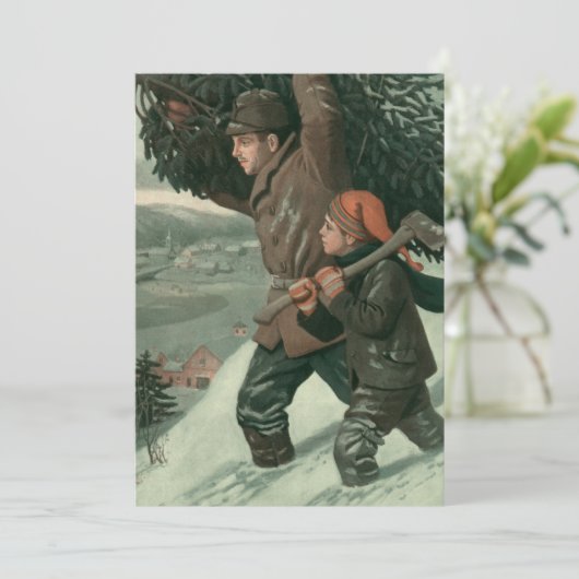 神父と息子が木を切り倒すヴィンテージクリスマス 招待状 (スタンド正面)