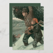 神父と息子が木を切り倒すヴィンテージクリスマス 招待状 (正面/裏面)