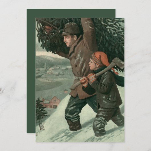 神父と息子が木を切り倒すヴィンテージクリスマス 招待状 (正面/裏面)
