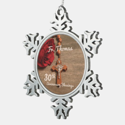 神父30周年記念バラと念珠 スノーフレークピューターオーナメント (右)