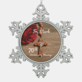 神父70周年記念バラとロザリオ スノーフレークピューターオーナメント