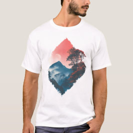 神秘の山 紅月 禅アート Tシャツ