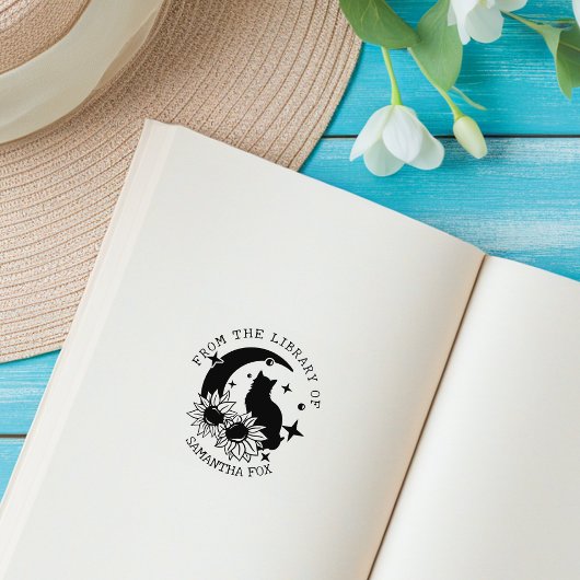 神秘の月猫　図書館から ラバースタンプ